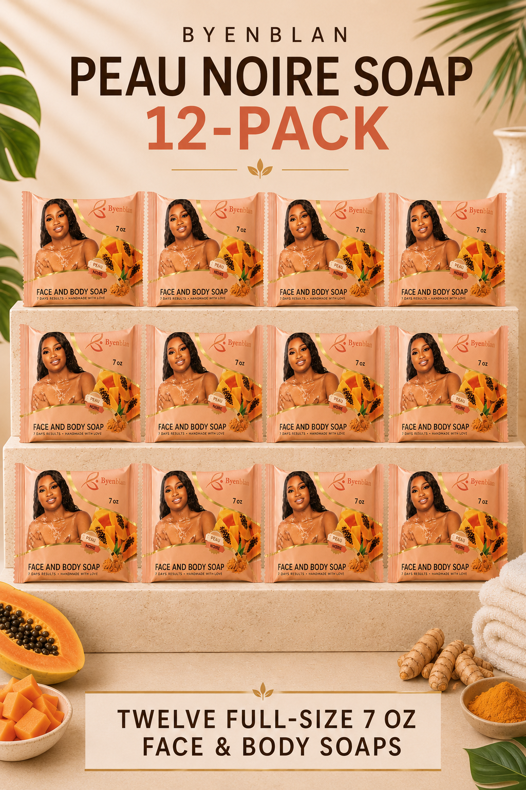 Byenblan Peau Noire Face & Body Soap 7 oz 12-Pack Papaya Turmeric Bars