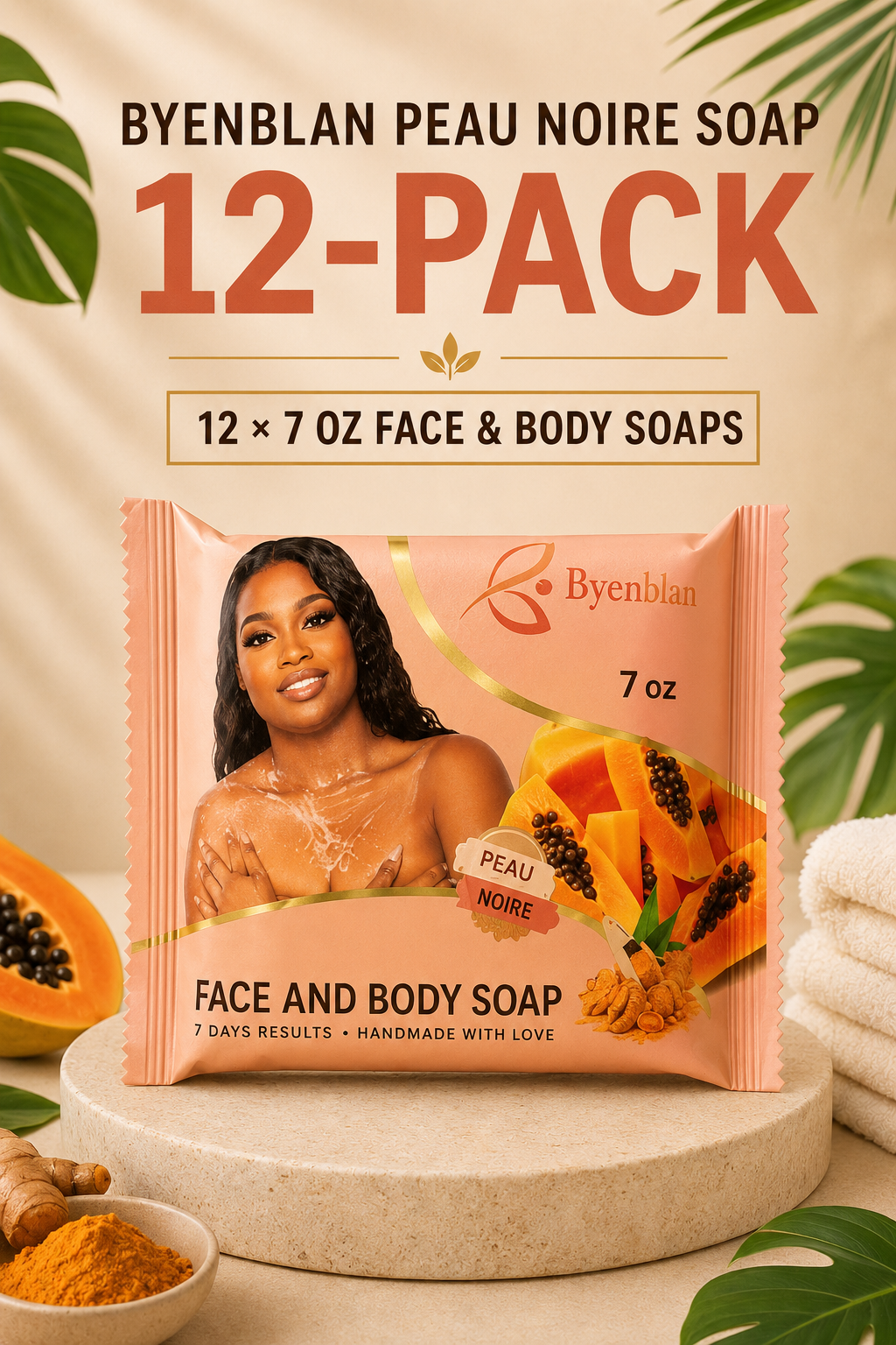Byenblan Peau Noire Face & Body Soap 7 oz 12-Pack Papaya Turmeric Bars