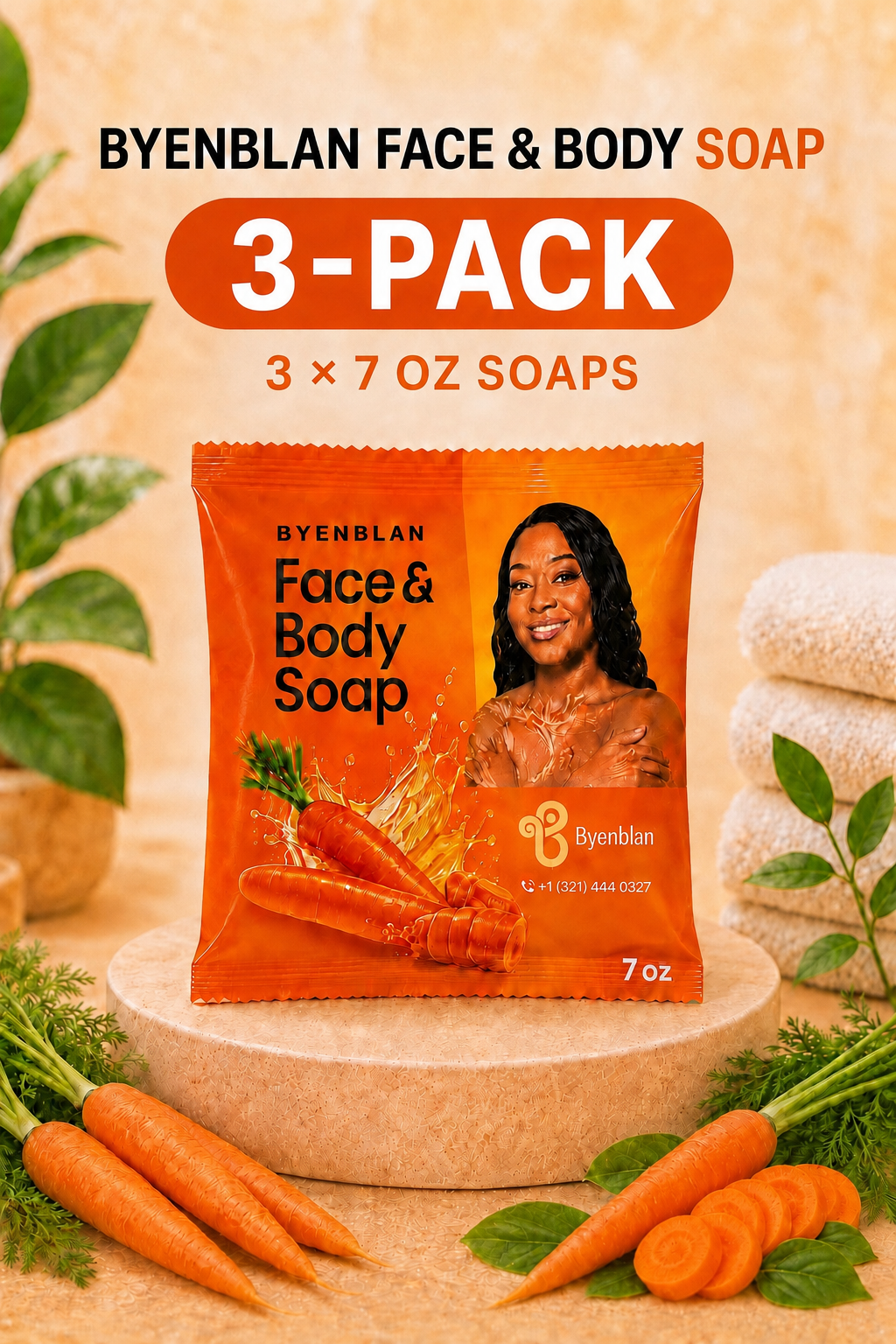 Byenblan Carrot Face & Body Soap 3-Pack 7 oz Cleansing Bars Full Size