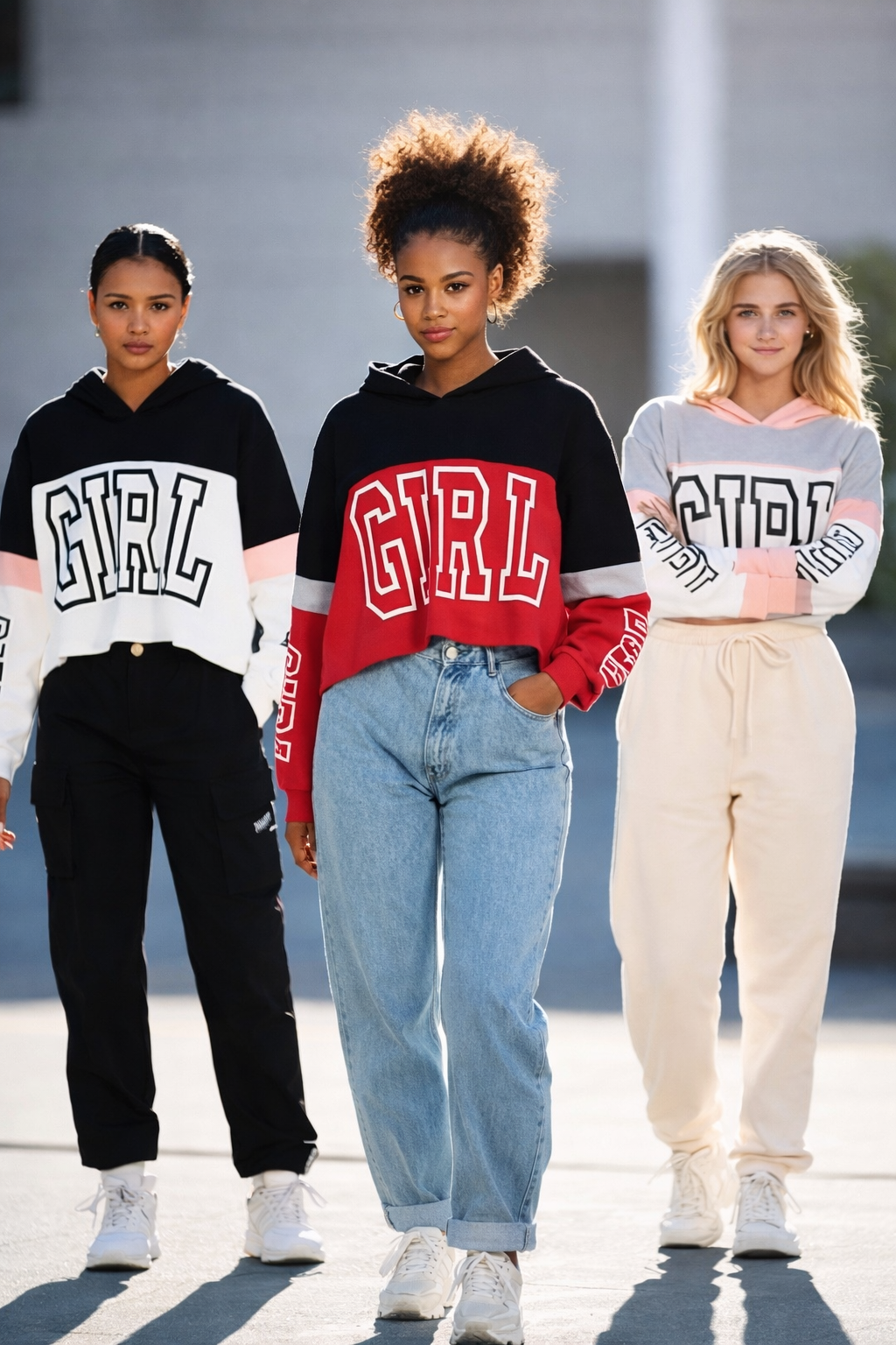 Three young women wearing colorful cropped hoodies with GIRL text, casual pants, and white sneakers outdoors