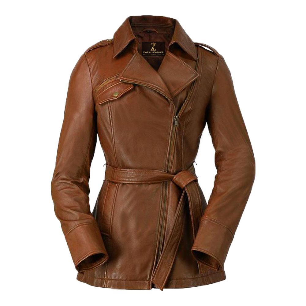 Women’s Genuine Leather Long Coat – Slim Fit Adjustable Belt Jacket