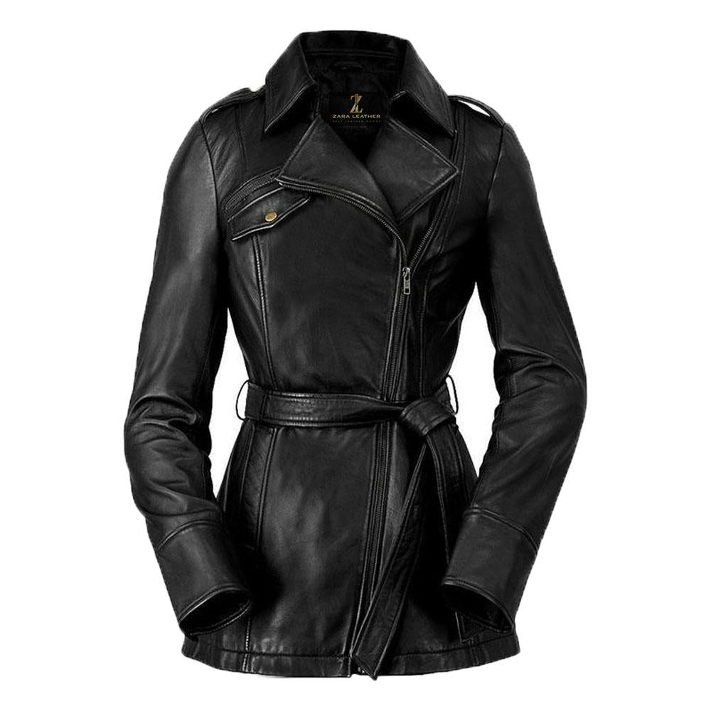 Women’s Genuine Leather Long Coat – Slim Fit Adjustable Belt Jacket