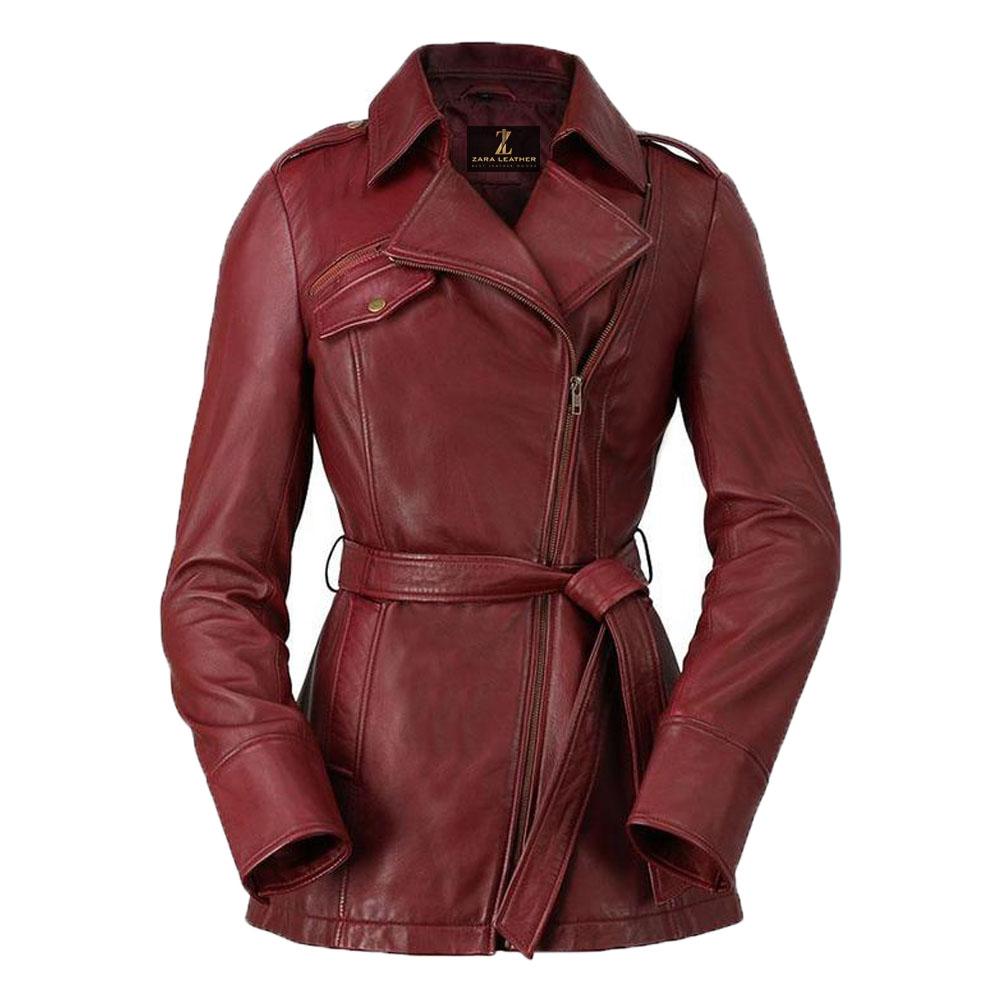 Women’s Genuine Leather Long Coat – Slim Fit Adjustable Belt Jacket