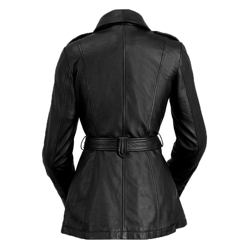 Women’s Genuine Leather Long Coat – Slim Fit Adjustable Belt Jacket