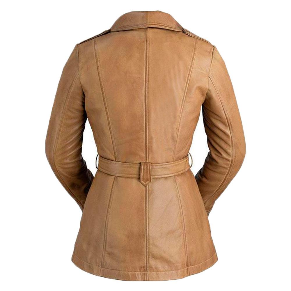 Women’s Genuine Leather Long Coat – Slim Fit Adjustable Belt Jacket