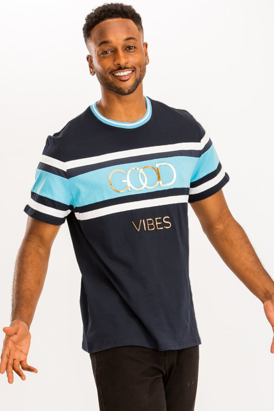 Men’s Striped Graphic “Good Vibes” Cotton Tee – Short Sleeve Casual T-Shirt