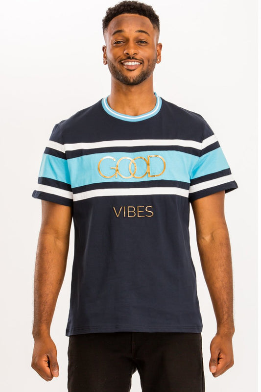 Men’s Striped Graphic “Good Vibes” Cotton Tee – Short Sleeve Casual T-Shirt