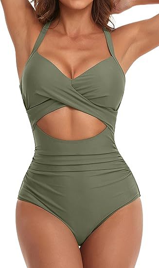 woman wearing olive green one-piece swimsuit with cutout and crisscross front detailing