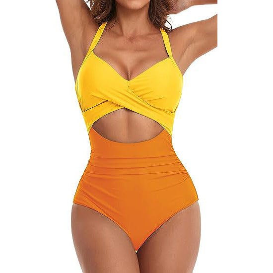 woman wearing a yellow and orange cutout one-piece swimsuit with halter straps