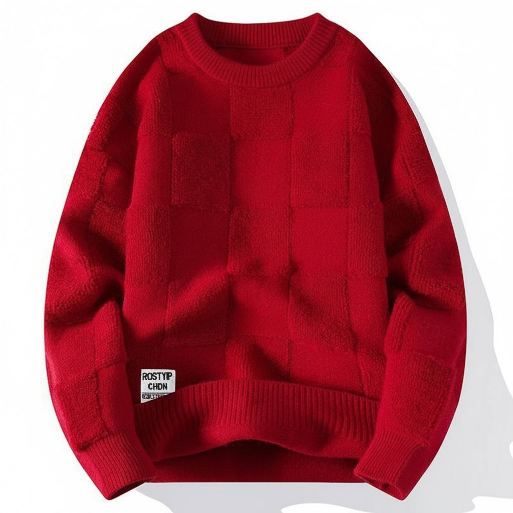 Red textured knit sweater with checkered pattern and ribbed cuffs, collar, and hem