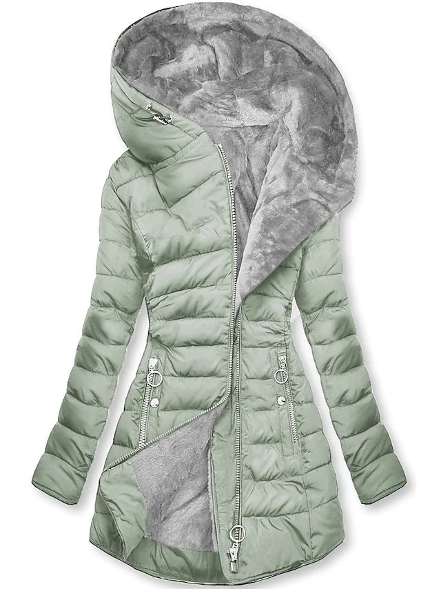 Abrigo acolchado de algodón con cremallera oblicua de largo medio con capucha de felpa para mujer