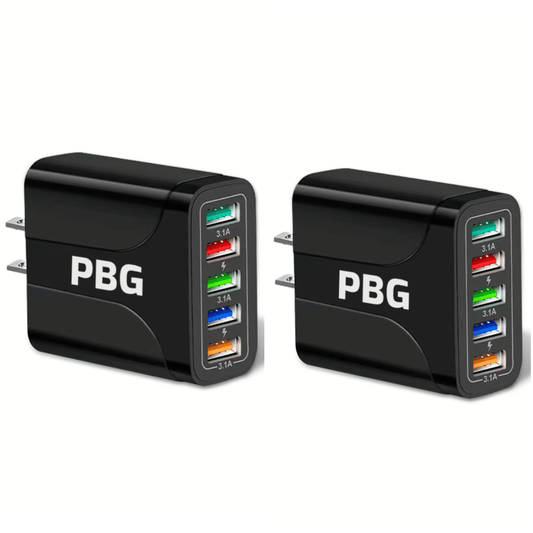 Dual black PBG USB wall chargers with four color-coded 3.1A USB ports each