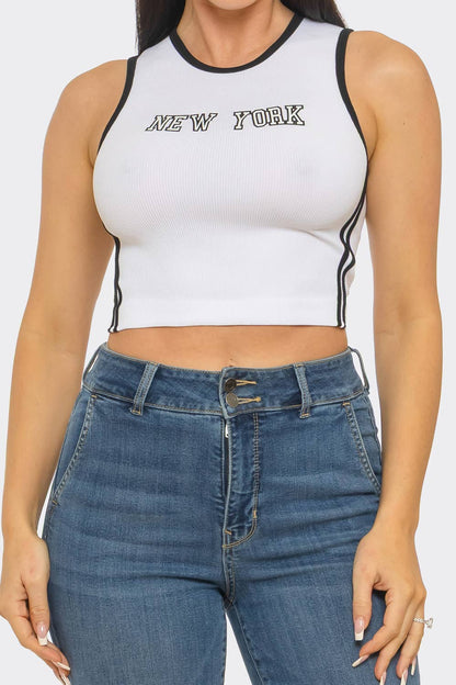 Seamless "New York" Screen Print Side Stripes Top