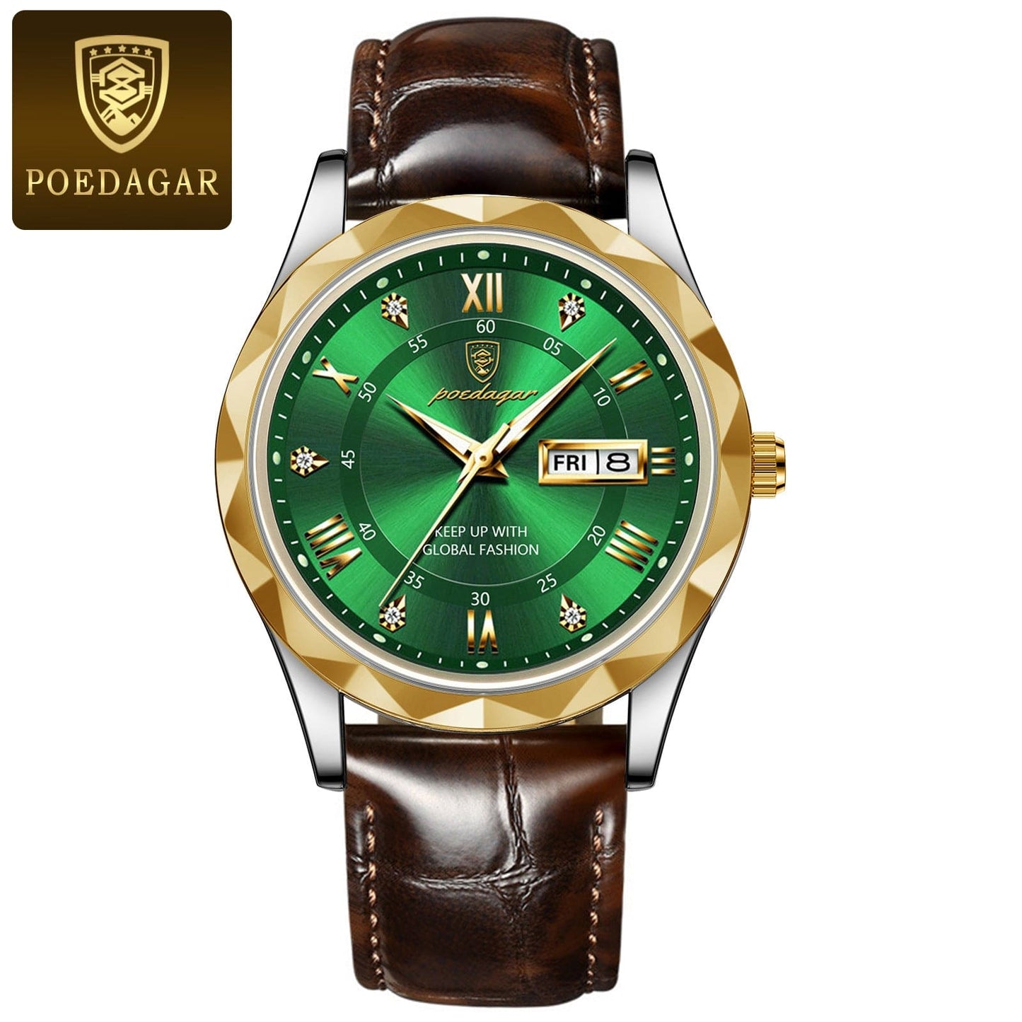 Poedagar men's wristwatch with green dial, gold bezel, brown leather strap, and date display