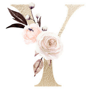 Gold letter Y decorated with soft pink and white watercolor flowers and green leaves