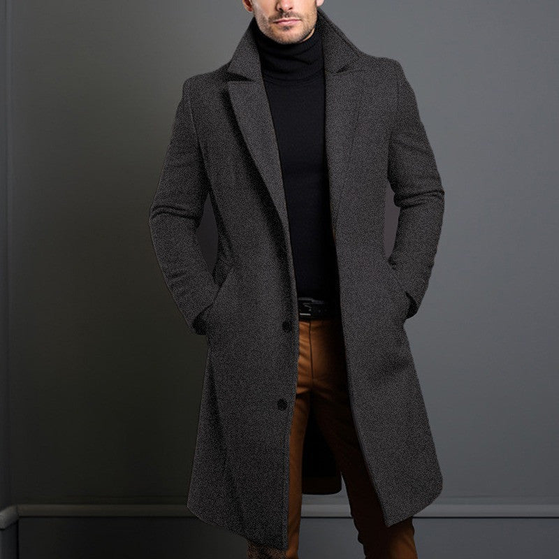 Men’s British Style Woolen Coat – Classic Winter Jacket, Straight Hem Mid-Length Coat with Polyester Lining