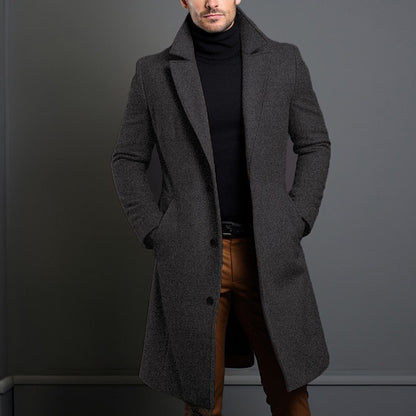 Men’s British Style Woolen Coat – Classic Winter Jacket, Straight Hem Mid-Length Coat with Polyester Lining