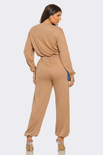 French Terry Color Block Denim Detail Top Pockets Pants Set