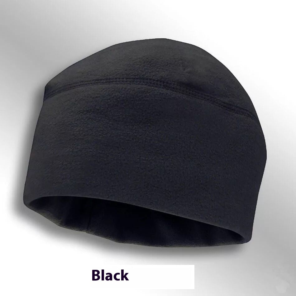 Black fleece beanie hat with seam detail, warm winter headwear on white background
