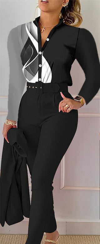 NEW Printed Long-sleeved Top Solid Color Pants Suit With Belt