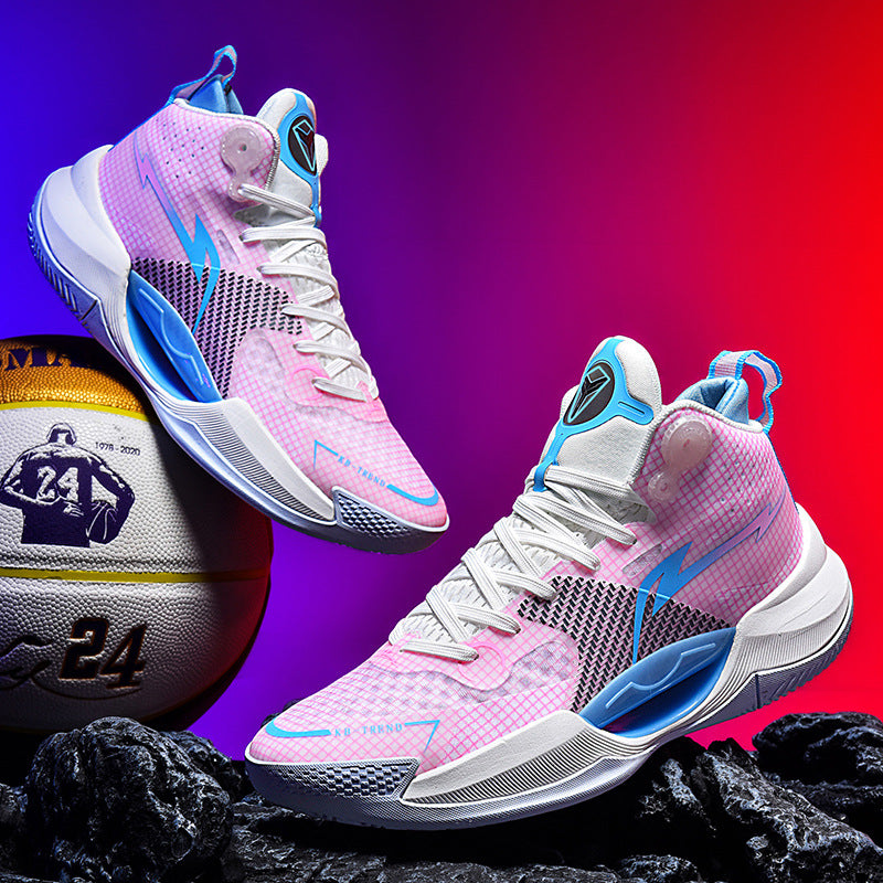 Pink and blue basketball shoes with lightning design, displayed with commemorative basketball on black rocks