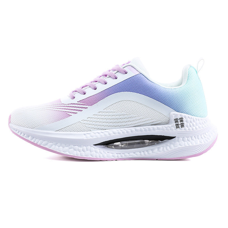 White and pastel gradient athletic sneaker with purple and blue mesh upper and cushioned sole