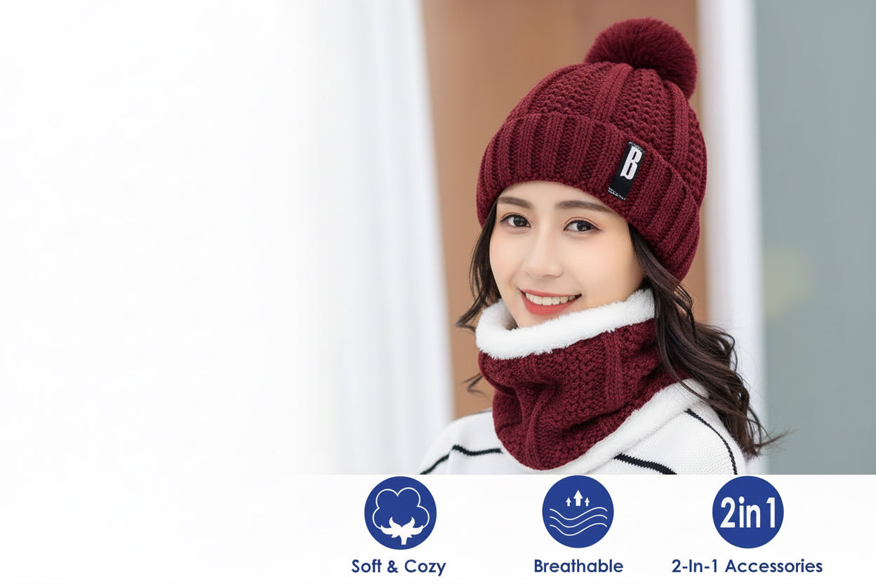 2-Piece Winter Knit Set – Warm Beanie Hat & Fleece-Lined Neck Scarf