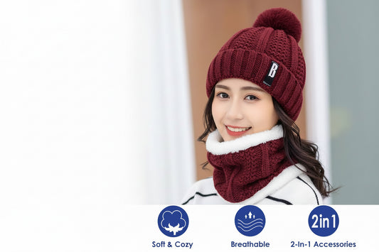 2-Piece Winter Knit Set – Warm Beanie Hat & Fleece-Lined Neck Scarf