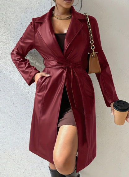 NEW Long Sleeve Lapel PU Leather Jacket With Pockets Slim Fit Long Trench Coat Women&