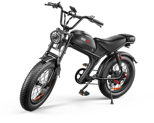 Black Emako electric bike with fat tires, integrated headlight, and sleek modern design on white background