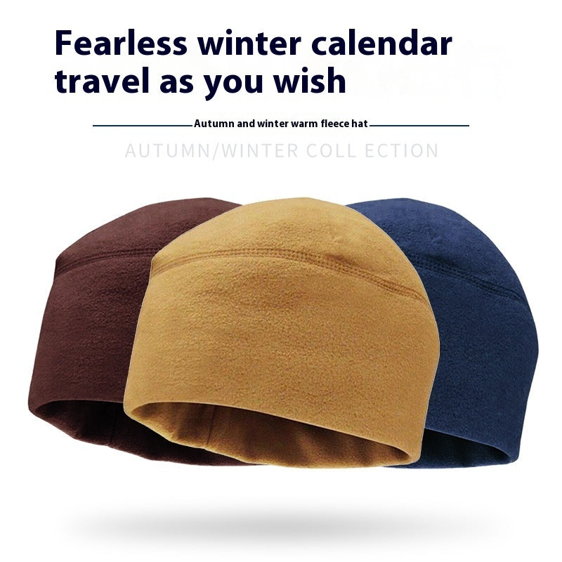 Three fleece winter hats in brown, mustard yellow, and navy blue for autumn and winter wear