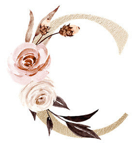 Gold letter C decorated with pink and white roses and brown leaves floral design