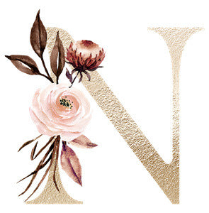 Gold textured letter N with pink and burgundy watercolor flowers and leaves on white background