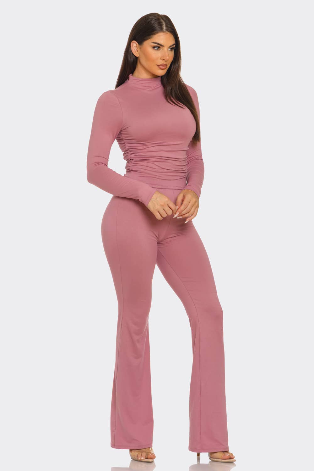 Mock Neck Shirring Top And Flare Leggings Set