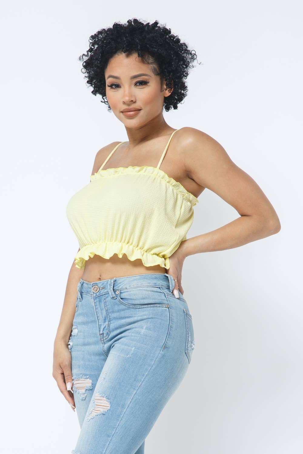 Fancy Knit Sleeveless Shirring Detail Elastic Crop Top