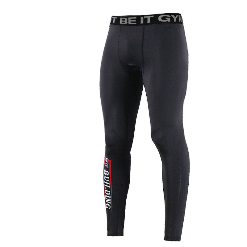 Black men's compression leggings with elastic waistband and BUILDING text on lower left leg