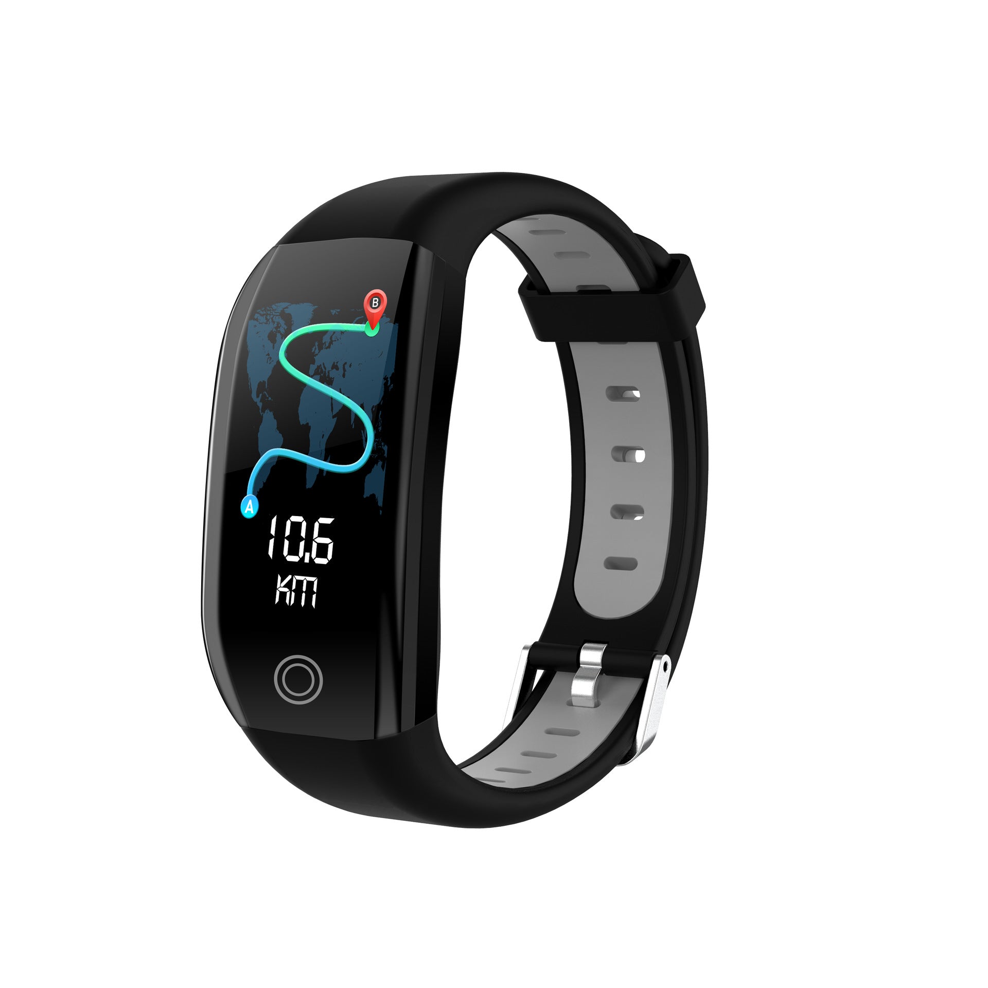 Black fitness tracker smartwatch showing 10.6 km distance with route map on screen