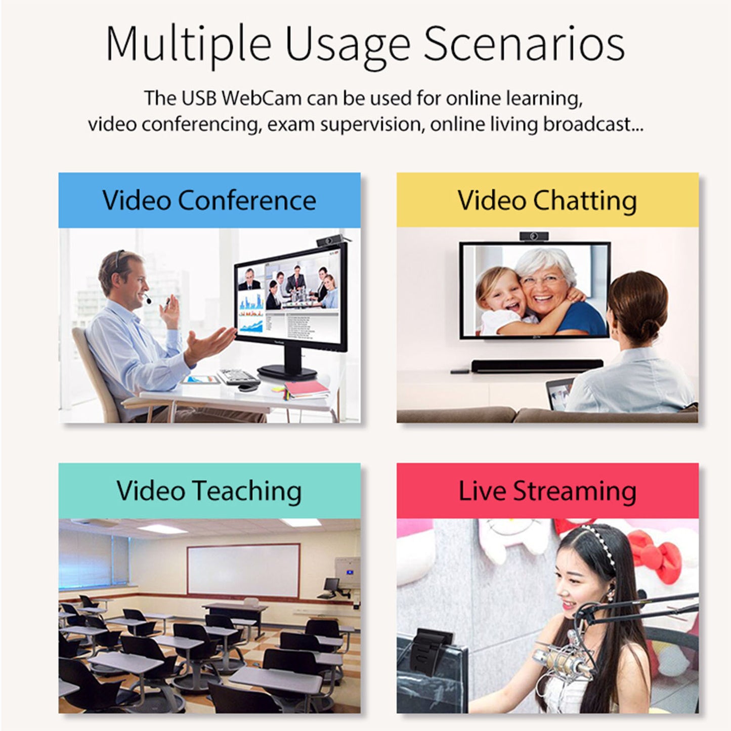 Four scenarios of USB webcam use: video conference with man, video chat with woman and child, empty classroom for teaching, young woman live streaming