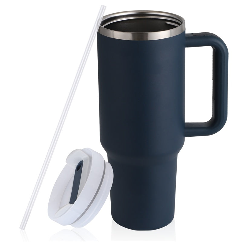 Navy blue insulated travel mug with handle, white lid, and clear straw on white background