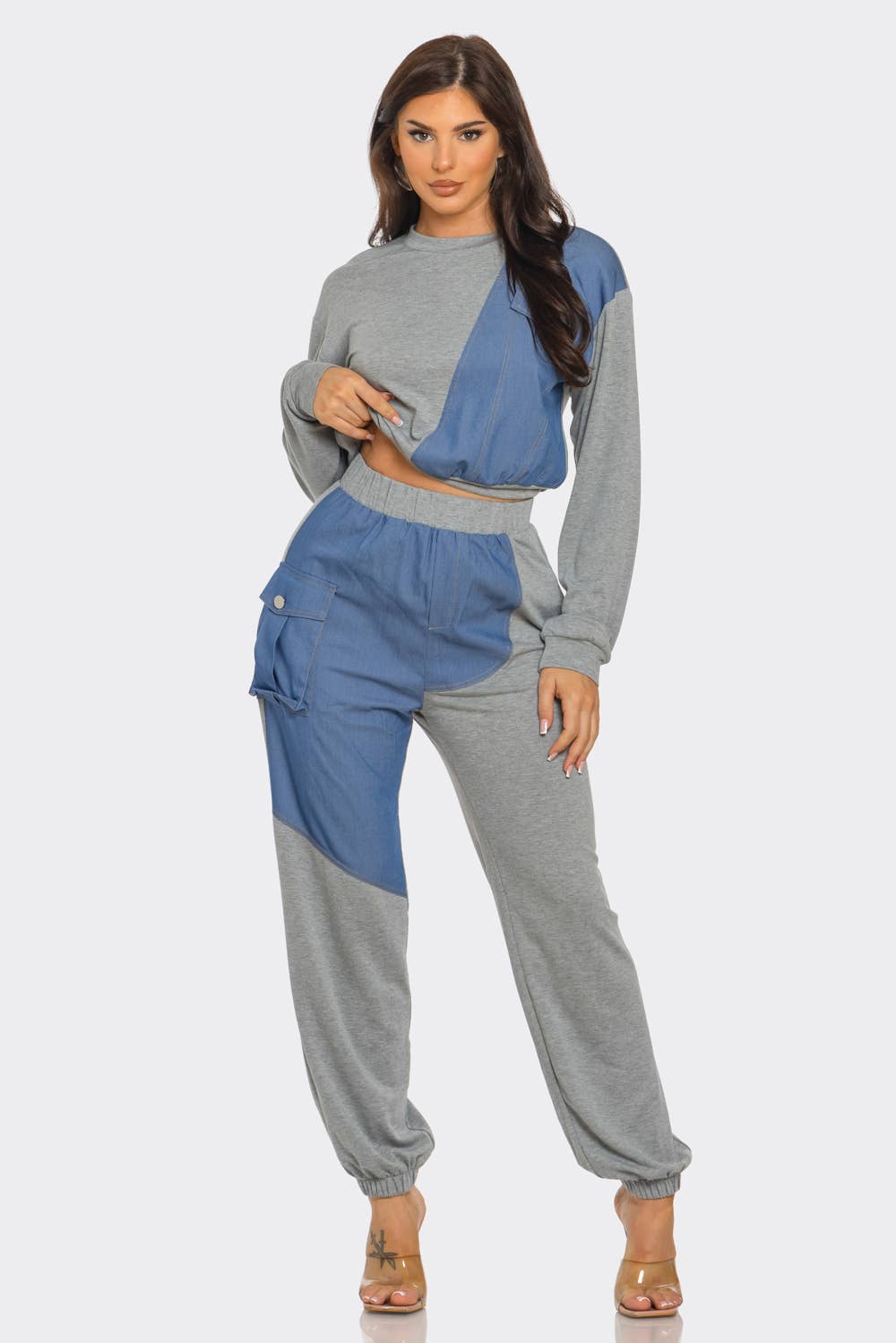 French Terry Color Block Denim Detail Top Pockets Pants Set