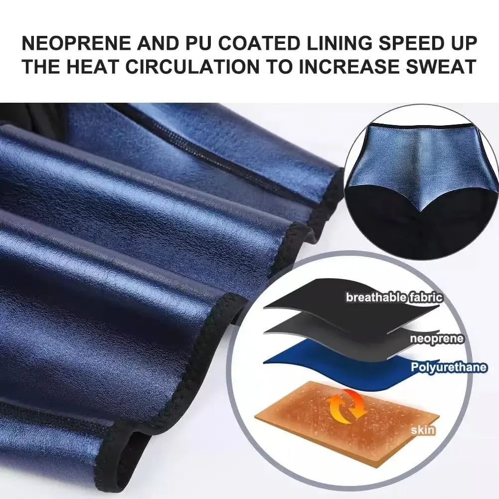 Close-up of blue neoprene and PU coated fabric with diagram showing heat circulation layers for increased sweat