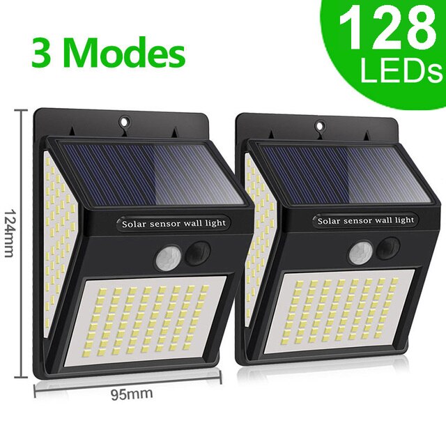 Pair of solar sensor wall lights with 128 LEDs, three modes, measuring 124mm by 95mm each