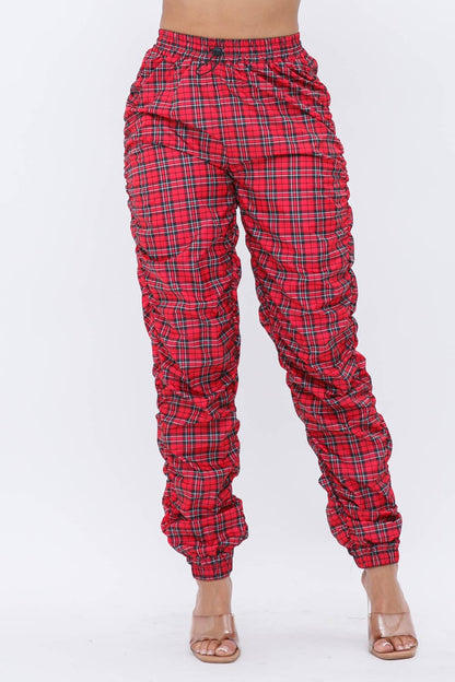 Plaid Print Wind Breaker Drawstring Shirring Jogger Pants