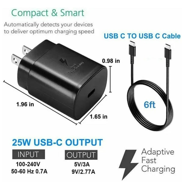 NEW 25W Type USB C Super Fast Wall Charger 6FT Cable For Galaxy S20 S21 S22
