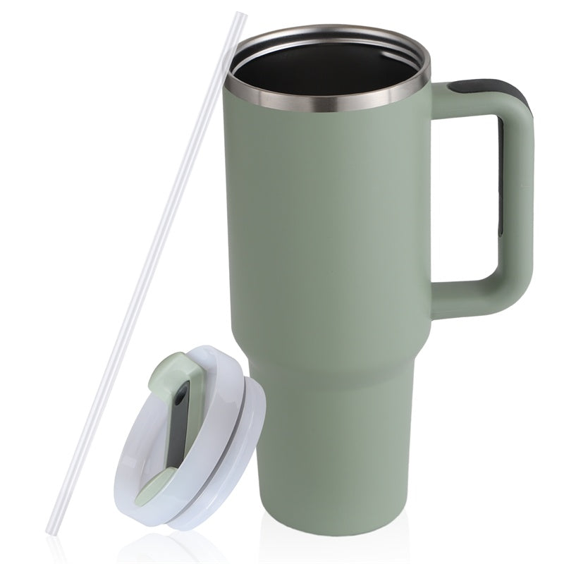 Matte green insulated travel mug with handle, screw-on lid, and clear straw on white background