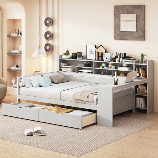 NEW Wooden Full-size Sofa Bed With Storage Rack, Multifunctional Bed With Two Storage Drawers And Desk, Antique White