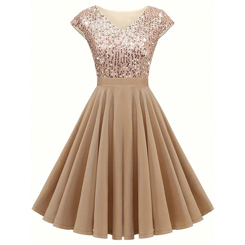 Beige dress with sequin embellished top and flared pleated skirt, short sleeves, V-neck design