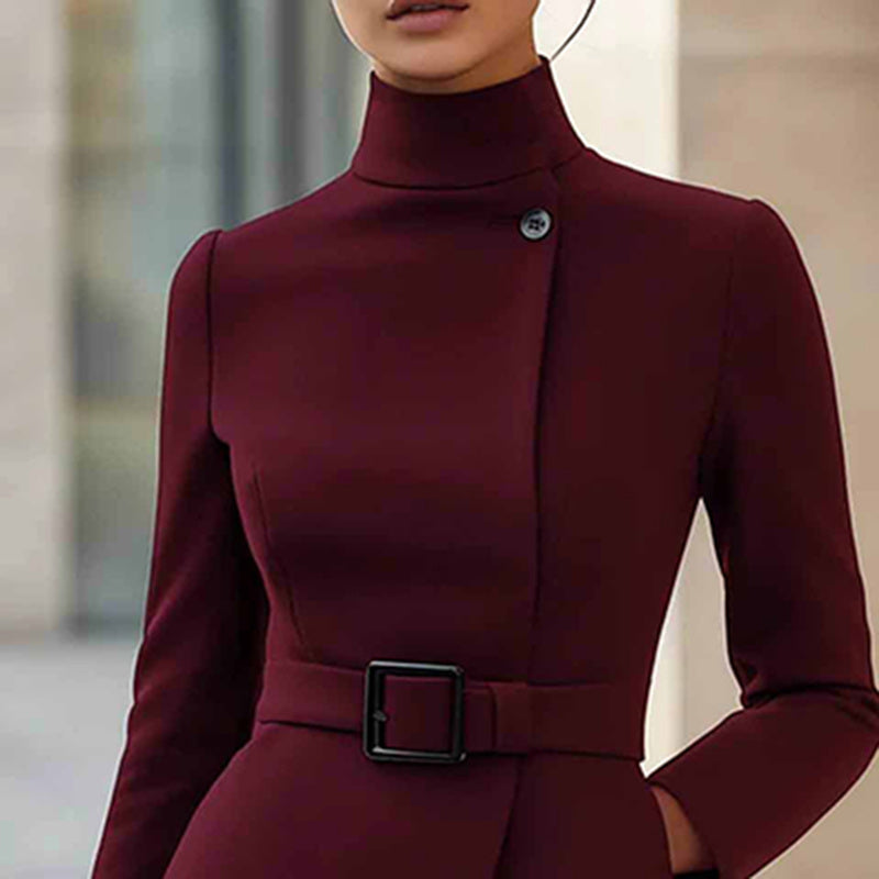 Women’s Stand Collar Slim Midi Dress – High Waist Belt, Long Sleeve Elegant Office Wear