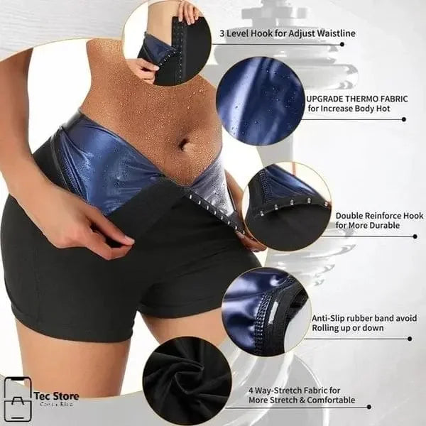Woman wearing black waist trainer shorts with thermo fabric, adjustable hook, anti-slip band, and stretchy material
