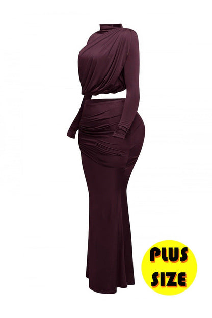 Plus Size Shirring Detailed Top & Long Skirt Set